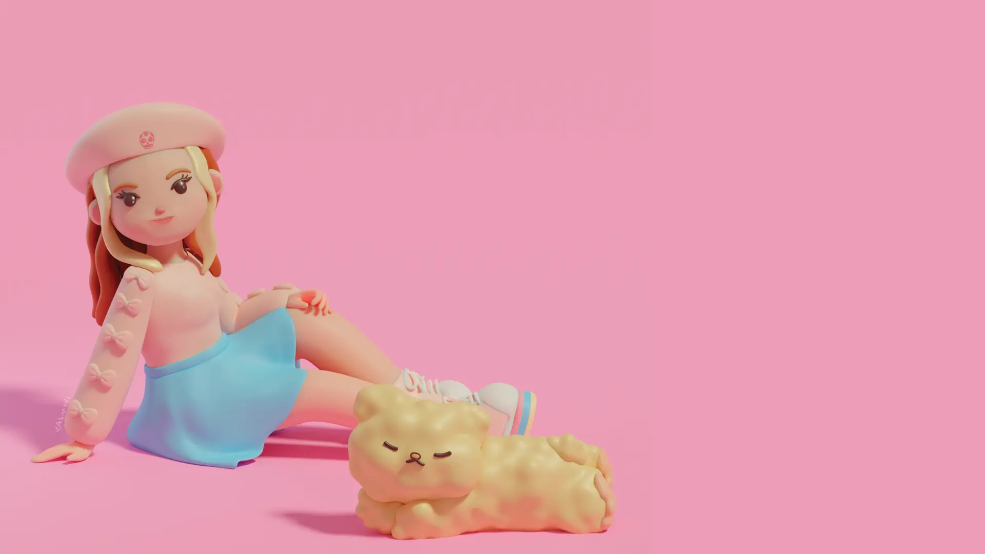 Nikki sitting with a sleeping Osito character against a pink background