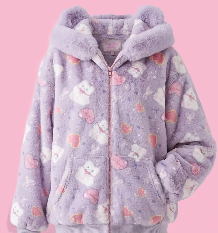 Lavender plush hooded jacket patterned with Clover and pink hearts