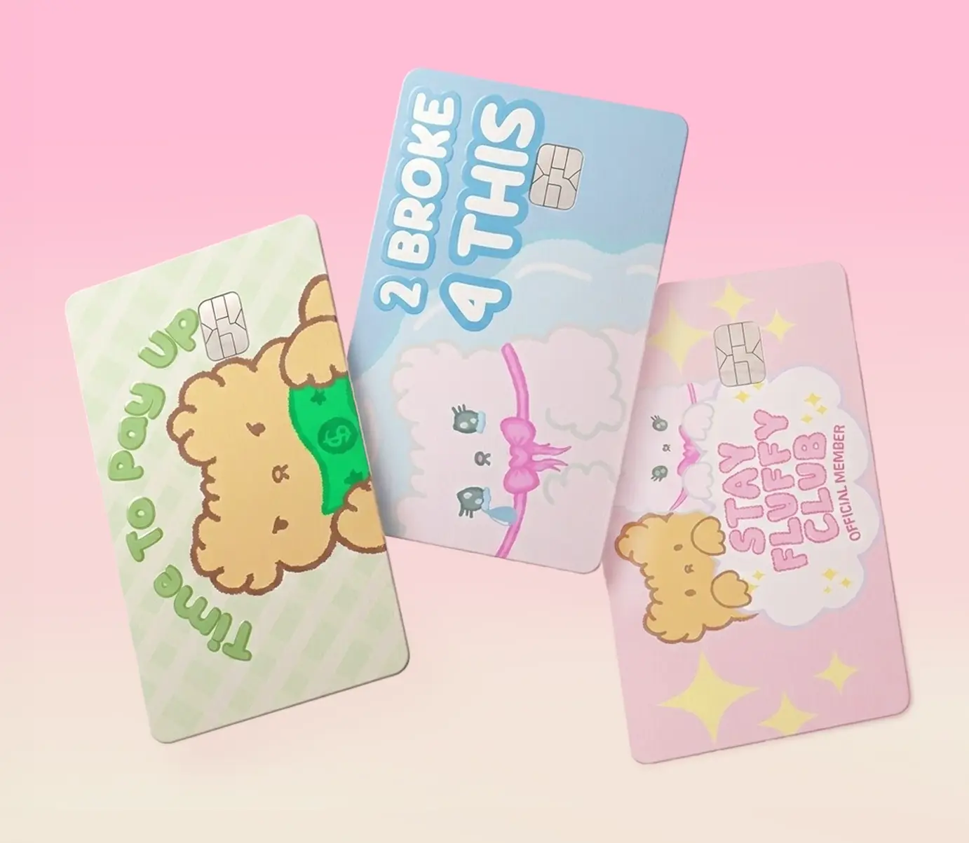 Three pastel Stay Fluffy Club character card designs
