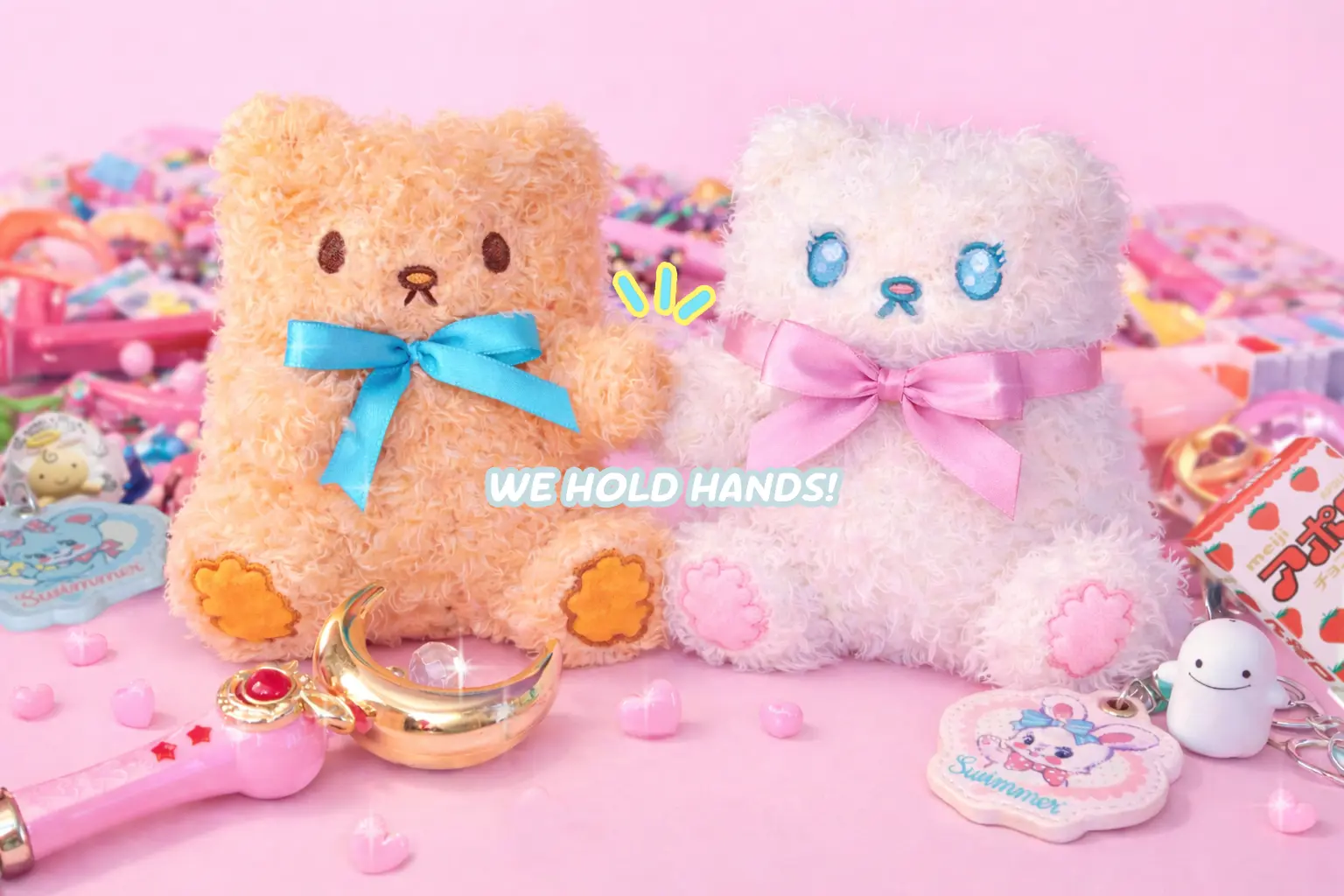 Osito and Clover plush toys holding hands among colorful keepsakes