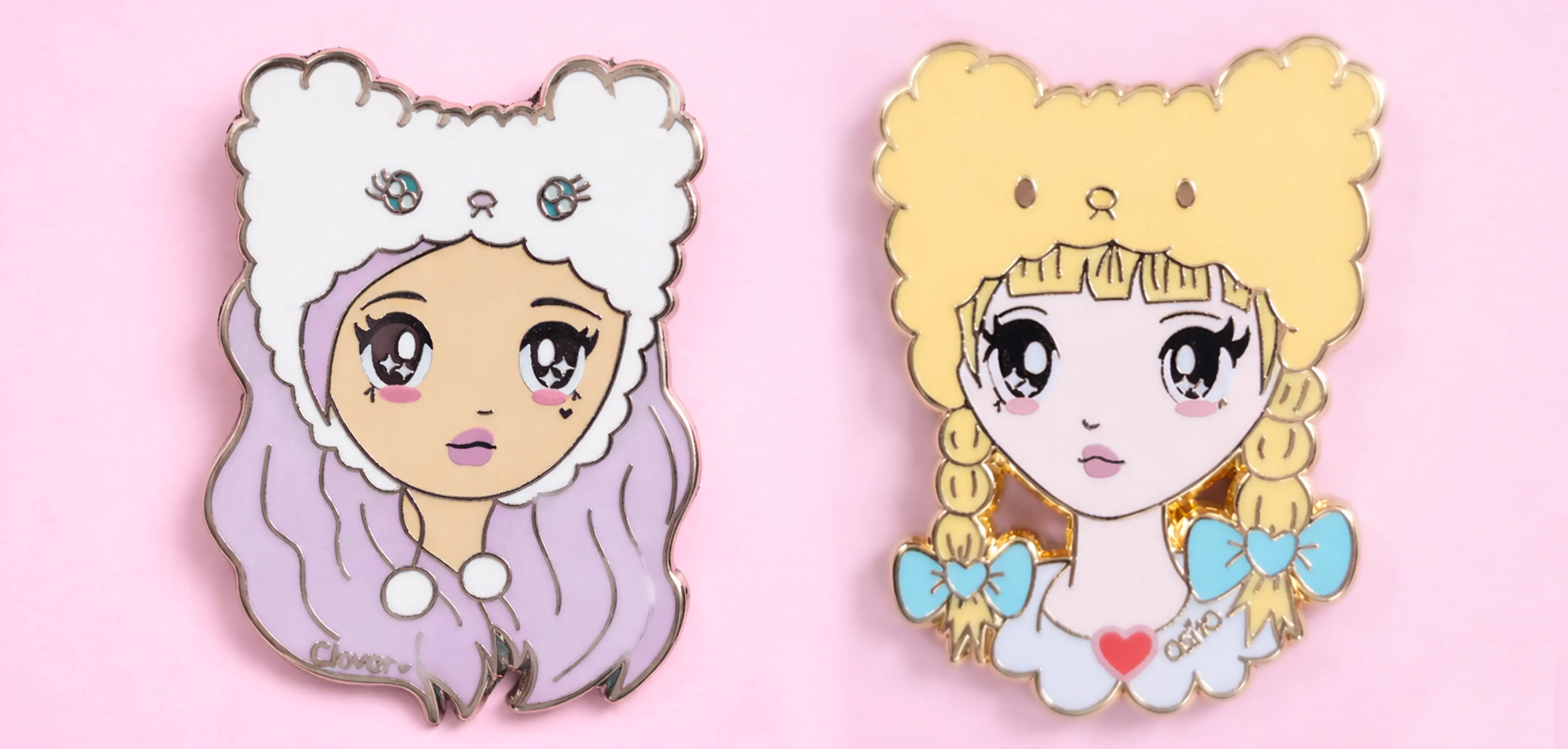 Luna and Mina enamel character pins displayed side by side