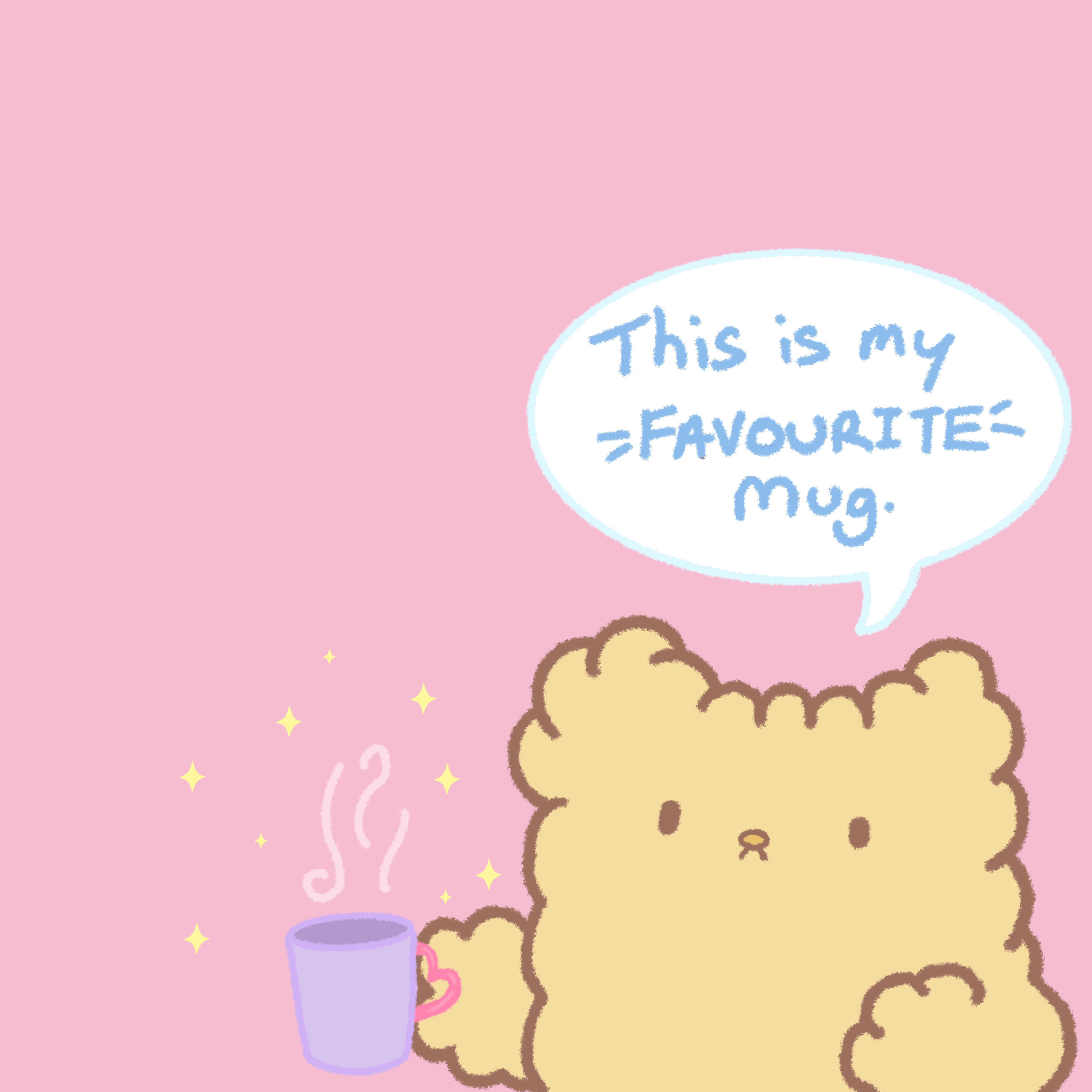 Animated Osito illustration holding a favorite purple mug