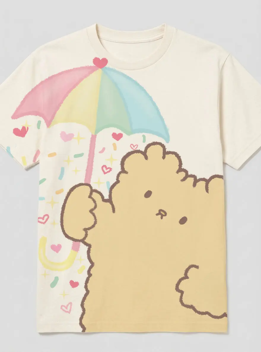 Cream T-shirt printed with Osito holding a pastel umbrella