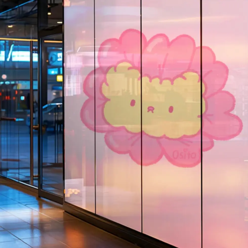 Large pink Osito flower graphic installed across glass windows