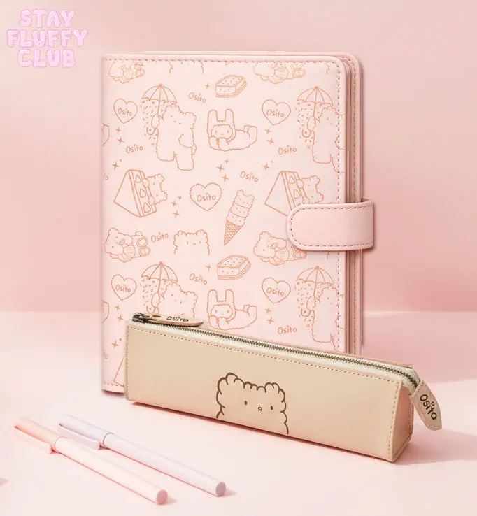 Pink Osito planner and matching cream pencil case