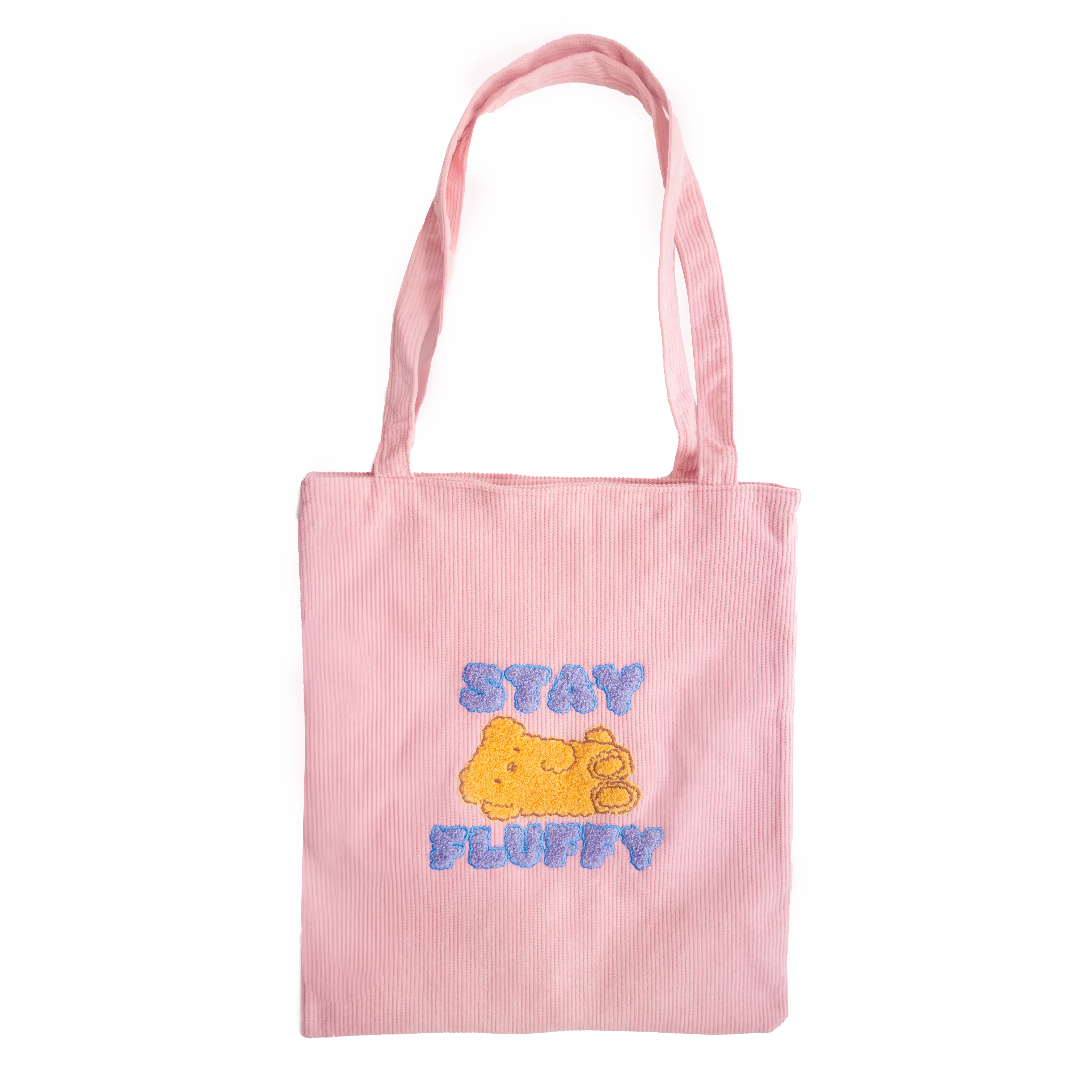 Pink corduroy tote embroidered with Stay Fluffy lettering and Osito