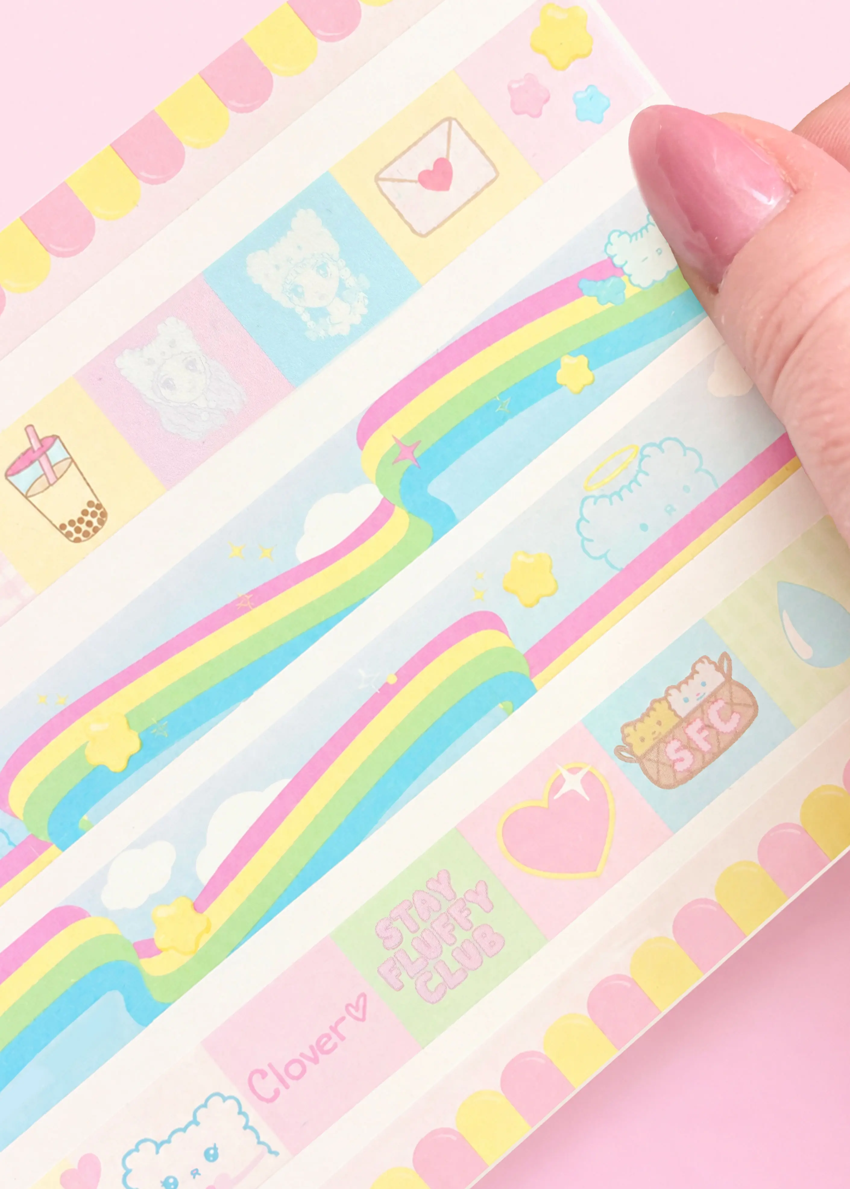 Pastel Stay Fluffy Club washi tapes with rainbows and character motifs